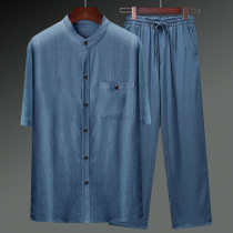Cotton and hemp Tang suit mens summer thin short-sleeved shirt Chinese style retro linen suit for the elderly dad mens clothing