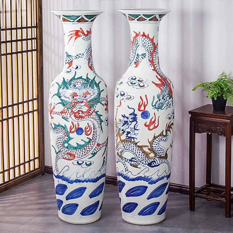Jingdezhen ceramics antique blue and white dragon carving of large vase household hotel adornment furnishing articles