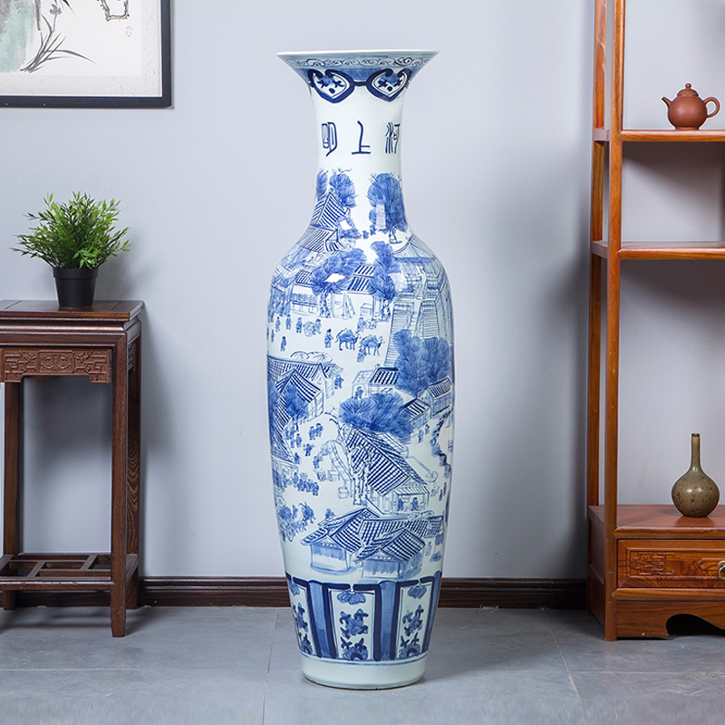 Blue and white porcelain of jingdezhen ceramics qingming scroll of large vase hotel decoration furnishing articles large living room