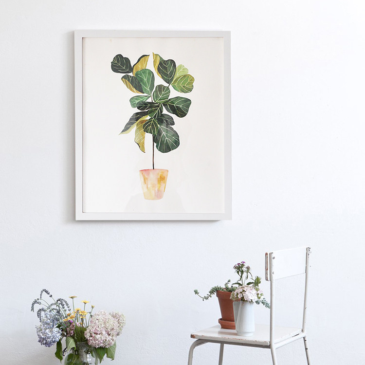 新品 纯手绘水彩画 北欧风格 植物装饰画 琴叶榕画 沙发背景墙画