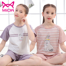 Cat Girls Pajamas Summer Kids Thin Girls Home Clothing Pure Cotton Big Kids Short Sleeve Sets Summer Air Conditioning Clothes