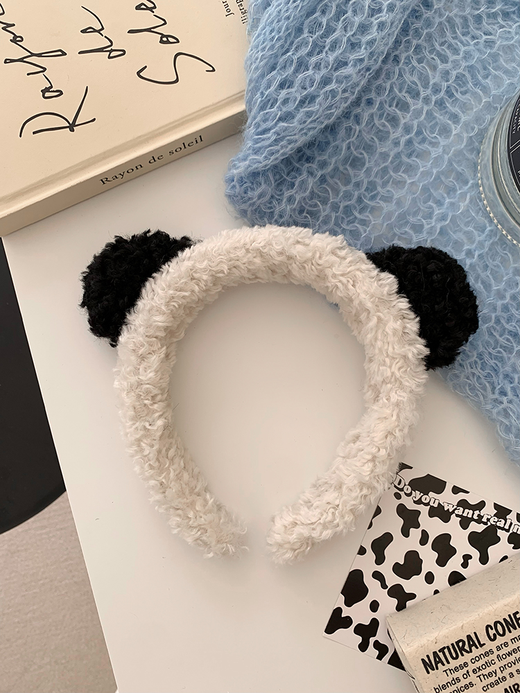 Black And White Contrast Color Panda Furry Headband Women 'S Autumn And Winter Wide Hairpin Korean Cute Super Cute Face Wash Hair Band Hair Accessories