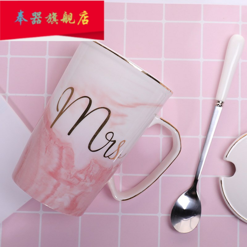 Couples mark is natural water cup home office capacity ins ceramic spoon 1 pair of milk coffee cup with cover