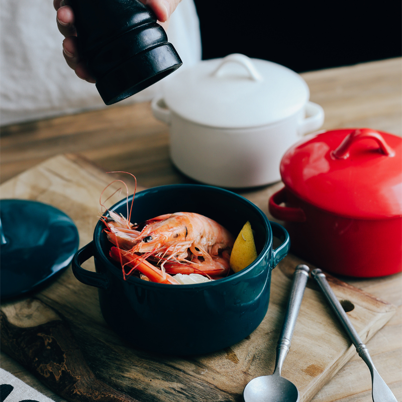 Nordic ceramic baking bowl with cover with the handle ears roasted bowl dessert bowl of soybean milk bowl of bird 's nest household stew