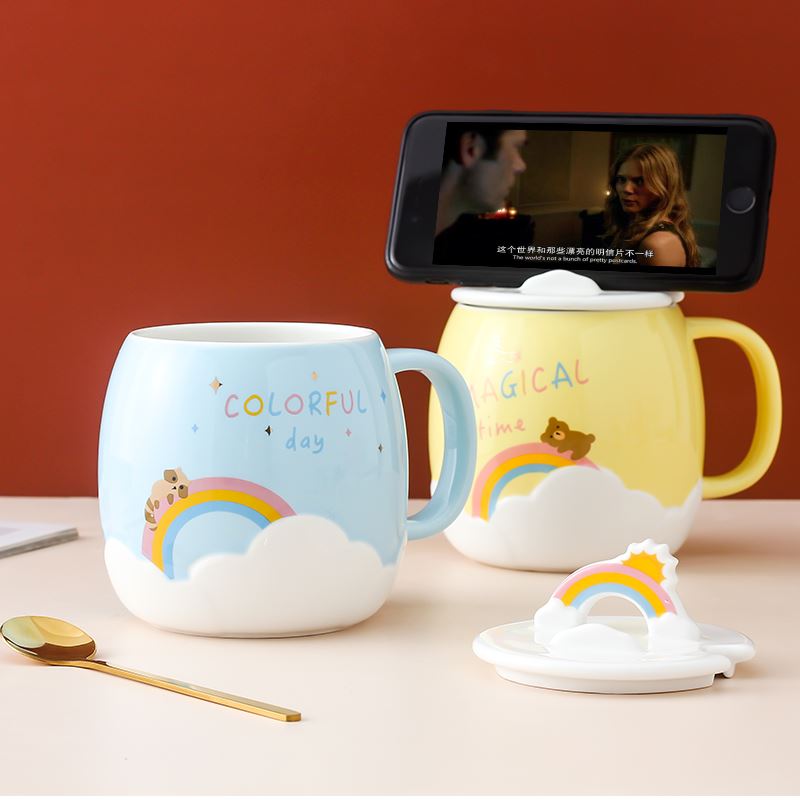 Creative rainbow mark cup cartoon cup mobile scaffold ceramic cup with cover spoon girls cup a cup of milk breakfast