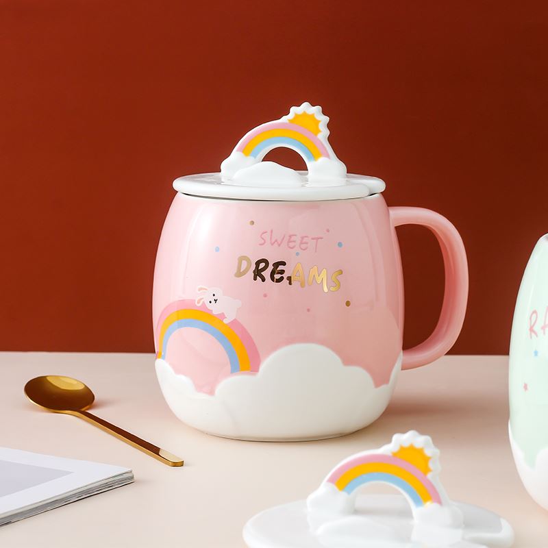 Creative rainbow mark cup cartoon cup mobile scaffold ceramic cup with cover spoon girls cup a cup of milk breakfast