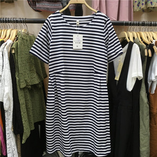 木子e族1906正品2017夏季新款时尚条纹宽松大码胖mm休闲连衣裙