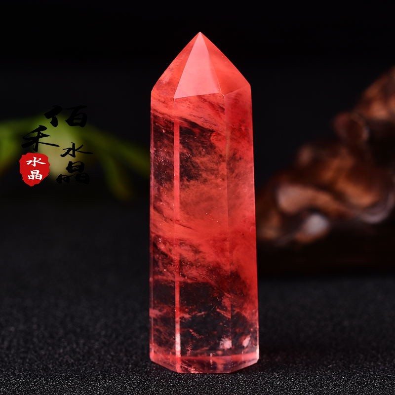 水晶红熔炼单尖水晶柱红水晶六棱柱能量石