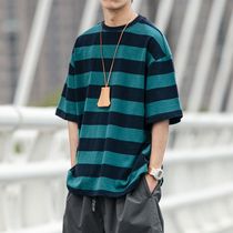 310g heavy Japanese tide summer striped short sleeve T - shirt men loose couple with a round - collar half - sleeve tide