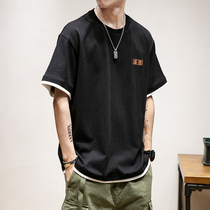 Japanese Tide brand summer new fake two pieces embroidery mens trend loose round neck base shirt couple loose half sleeve