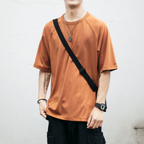 Heavy solid color short sleeve T-shirt mens shoulder sleeve Japanese large size mens half sleeve cotton Tide brand trend loose clothes