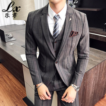 Suit mens suit British fashion slim striped suit Three-piece double-breasted groom wedding dress