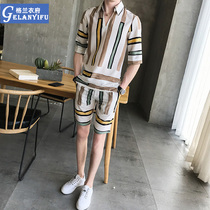 Summer Ice Silk short sleeve shirt set mens casual trend ins mens set of spiritual social guy V-collar shirt