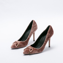 West Lake Pavilion (S) spring and summer temperament pointed bow lace-up gold velvet 8CM heel heels S7