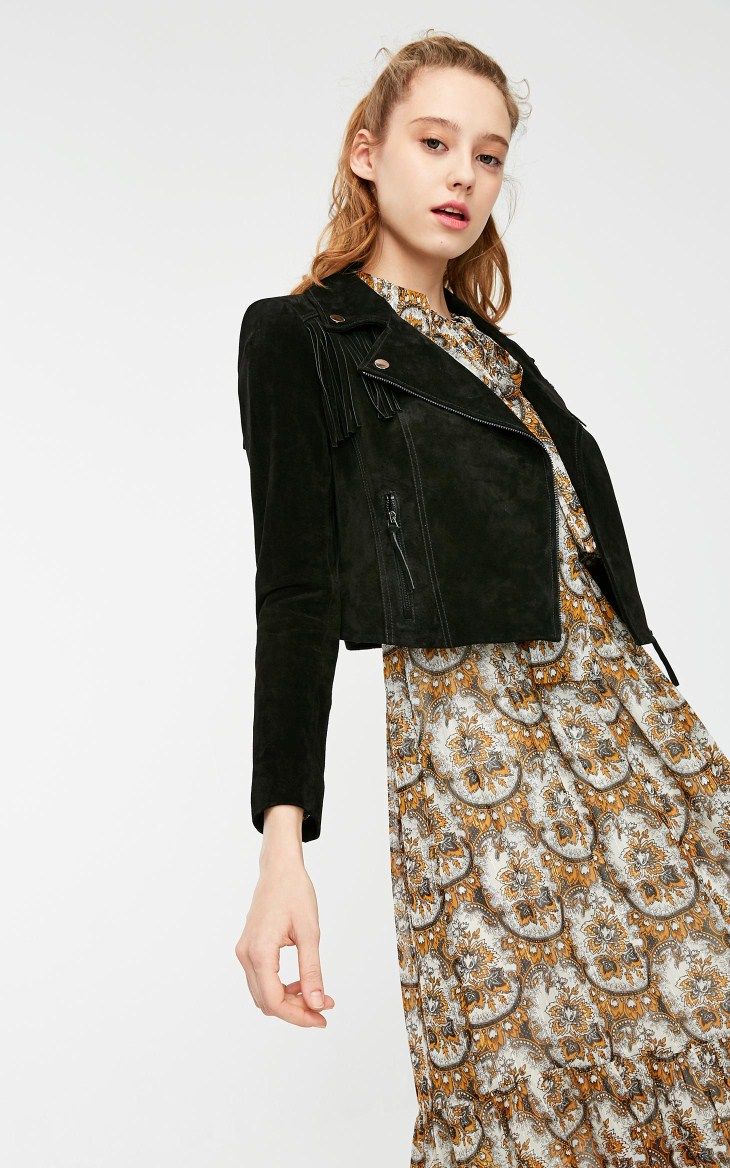 vero moda猪剖层皮革流苏翻领皮衣女|319110522