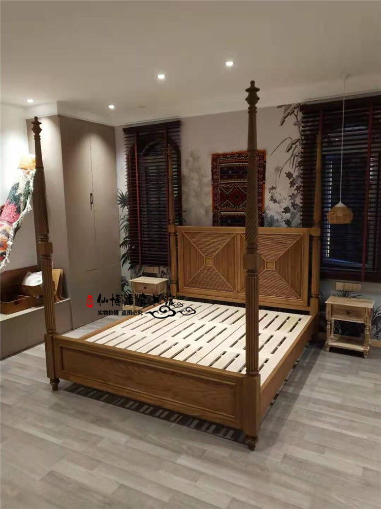 罗马柱实木床法式实木床橡木复古家用做旧美式柱田园风乡村酒店