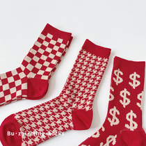 Big red autumn and winter comb cotton double-track board red socks birds life of socks rich socks