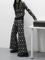 Beauty FUZZYKON autumn and winter vintage gray presbyx casual geometric knit suit sweater trousers