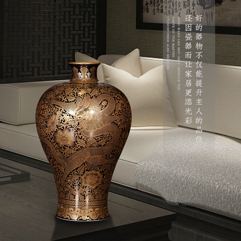 Master YangShiQi hand - made ji jia lage jingdezhen ceramics glaze blue see colour carved heart bottles of antique vase