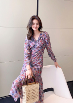 Lei Er Gaoding LRKS (Paris) Personality Print Ruffle Jacquard Chiffon Dress 1TZO879