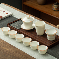 Yushang White porcelain tea set Ice crack glaze Kung Fu tea set Cover bowl Tea set Ru Porcelain Ru Kiln set