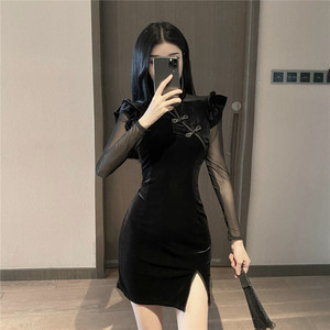 Real shot cheongsam improved slit slim fit mesh velvet dress autumn winter 2020 new long sleeve looks thin