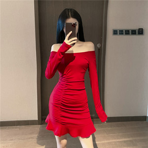 Real shot women’s dress tight wrap hip skirt temperament V-neck waist slim fit long sleeve bottomed fishtail skirt