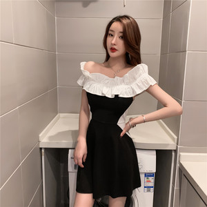 Sweet sexy one shoulder black and white patchwork princess skirt