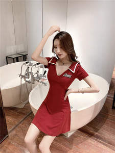 Polo Lapel low cut waist A-line wrap hip dress