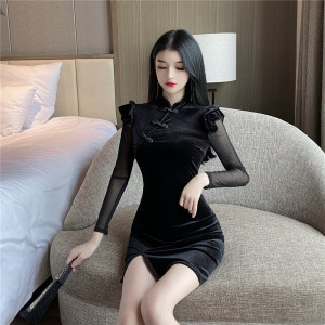 Real shot cheongsam improved slit slim fit mesh velvet dress autumn winter 2020 new long sleeve looks thin