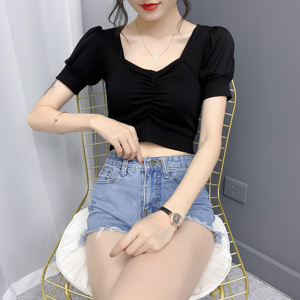 Summer V-neck waist tight foam sleeve knitted short sleeve T-shirt