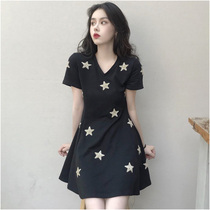 Herbenwind Small Black Dress 2022 New Womens Summer Short Sleeve Pentagram-Style Vintage Retro Web Red V Collar Dress