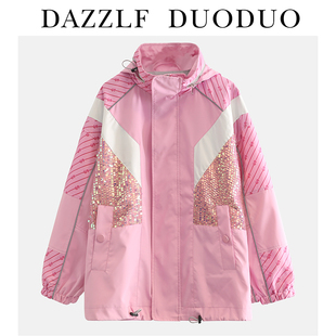 yundisu 2020 spring new sequin pink hooded coat casual loose windbreaker q1015046