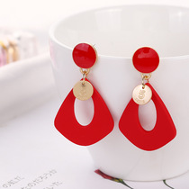 925 silver needle red geometric earrings female personality Korea temperament Heakewear net red 100 hitch a long ear spike