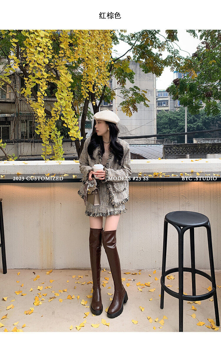 过膝长靴女厚底真皮显瘦高筒超长筒大腿靴子粗跟高跟弹力瘦靴 mm