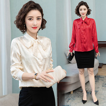 Satin printed bow shirt womens 2021 spring and summer new fashion retro long-sleeved texture streamer jacquard shirt