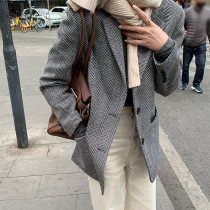 Small pull produced not out of date herringbone wool check suit autumn and winter retro English suit jacket