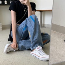 2021 New Fall Big Code Fat mm Painted Jeans Women Design Sensation High Waist Straight Drum Slim slim Pants Tide