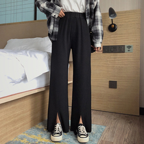Large size black open fork wide leg pants woman high waist pituitary salt tie pants fat younger sister mm loose and thin western dress pants tide