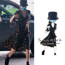 Dirizeba Yang power the same section Broken Flowers Black V Collar Temperament Collection Waist Design Sensation Small Crowddress 2022 Long Dress