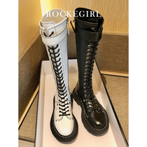 (Locke Girl) McQueen Knight Boots Womens Straps Patent Leather Martin Boots English Wind Tall Boots Children Thick Sole