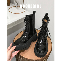 (Locke girl) thick-soled strapping Martin boots womens spring and autumn single boots British style black locomotive mid-barrel boots
