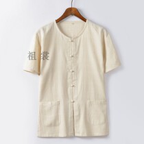 Chinese style linen top Mens Tang dress half sleeve summer Chinese thin T-shirt cotton and hemp Hanfu retro dad short sleeve
