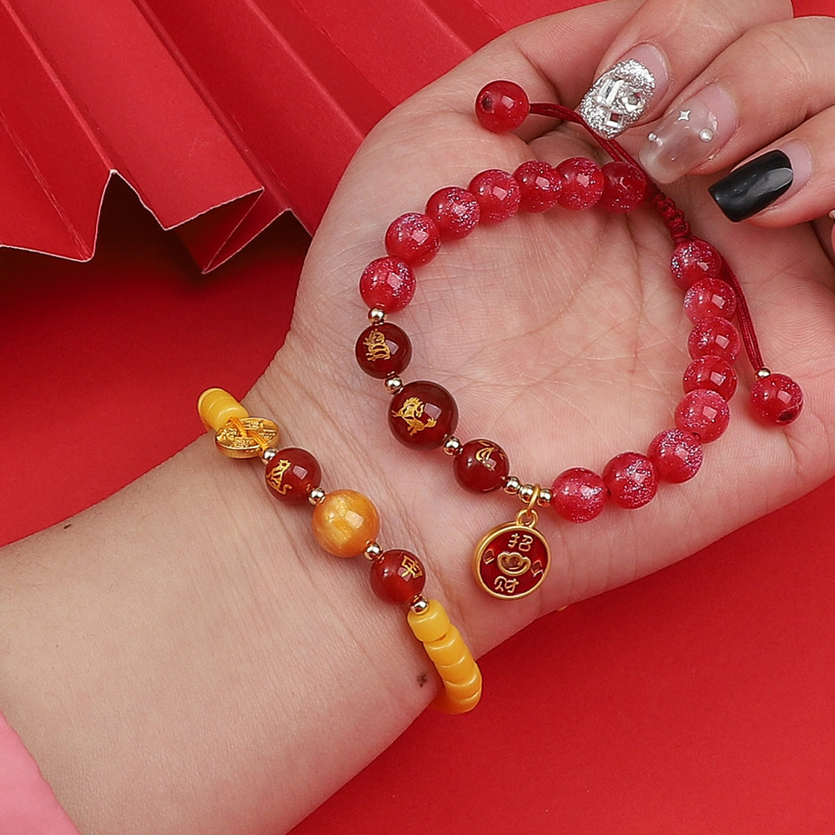 天然红玛瑙烫金十二生肖珠串珠 自制diy手工制作饰品材料配件