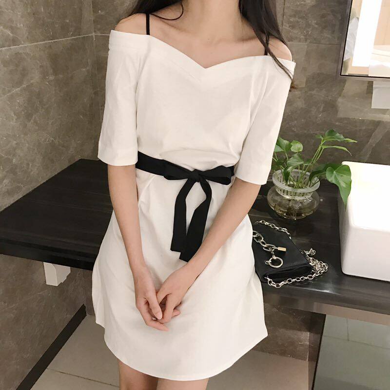 012#实拍 百搭显瘦大v领一字露肩吊带裙纯色连衣裙送腰带 实价