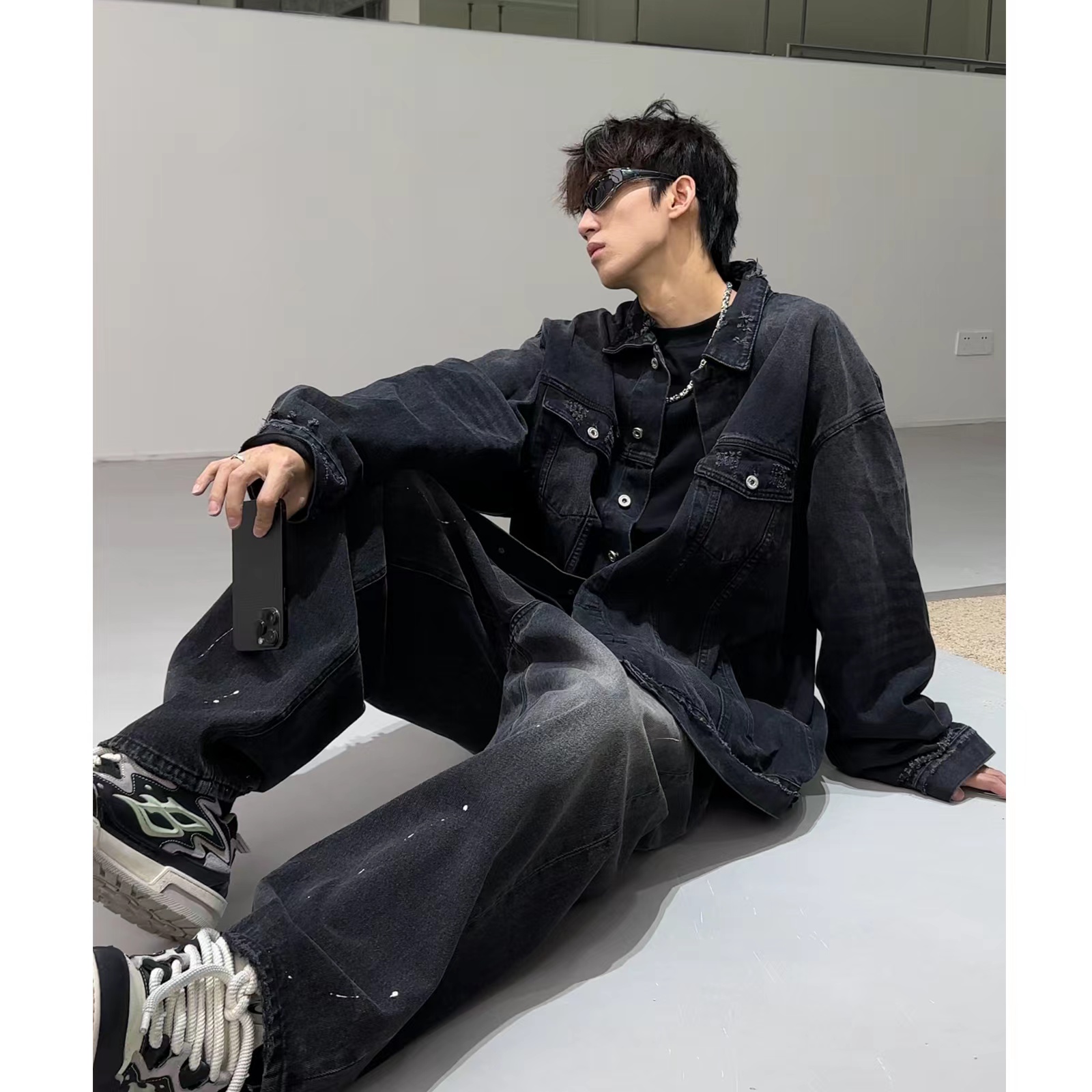 THE ONE 美式复古潮牌高街水洗做旧牛仔外套男女宽松休闲情侣上衣
