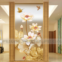 Art glass partition porch screen background wall deep carving double-sided see light transmission effect Lotus butterfly-Lotus butterfly-Lotus rhyme