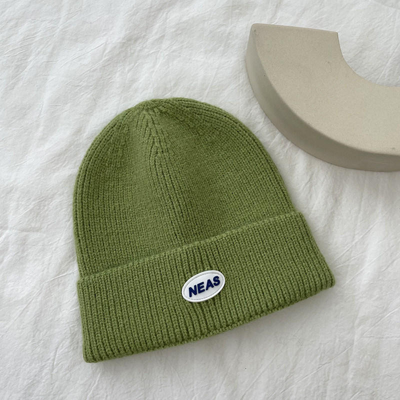 碧梨帽子绿色系针织毛线帽休闲绿圆顶字母百搭学生个性潮套头帽冷