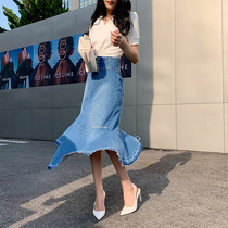 Irregular ruffle half-body denim skirt spring and Autumn new medium-long stitching vintage slim-fit high-waisted denim skirt