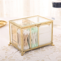 Retro dustproof makeup cotton swab glass storage box transparent cotton sign box gold Bronze desktop cosmetic box